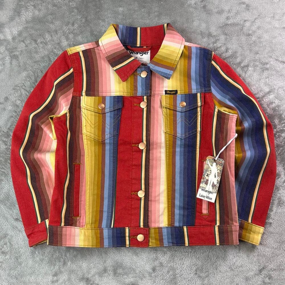 Wrangler X Lainey Wilson Rodeo Ben Stripe Trucker Denim Jacket Womens Sz L